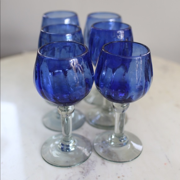 Blue glass goblets set of 6 - Picture 2 of 6